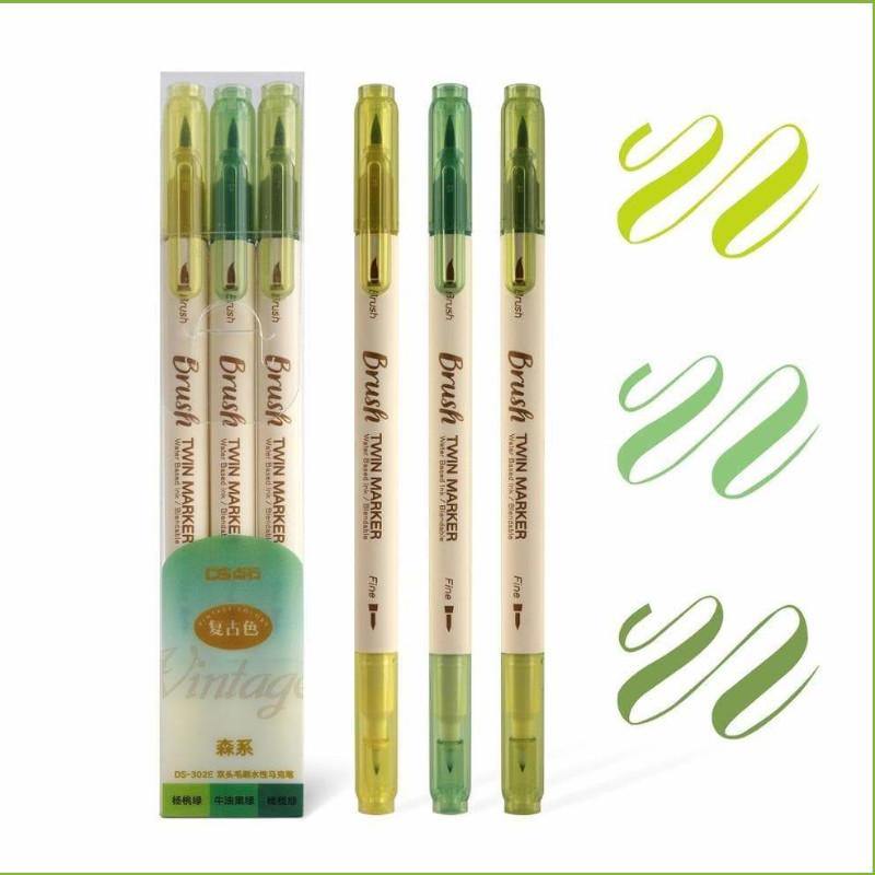 Brush Pens - Dual-Tip Brush Pen Set - Vintage Twin Marker - Green