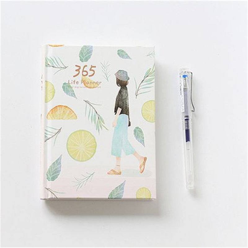 planner with an illustration of a woman walking on a fruity background