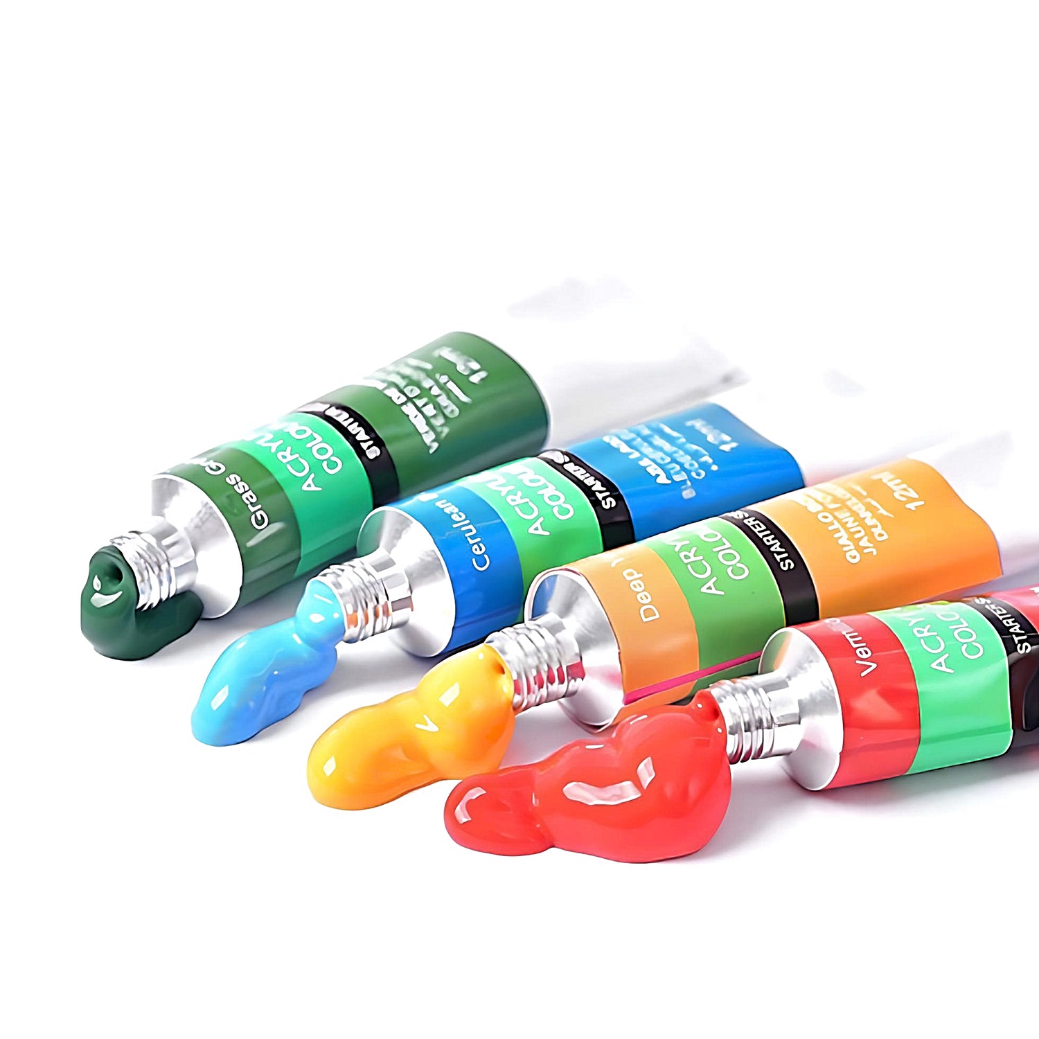 four open tubes of acrylic paint 