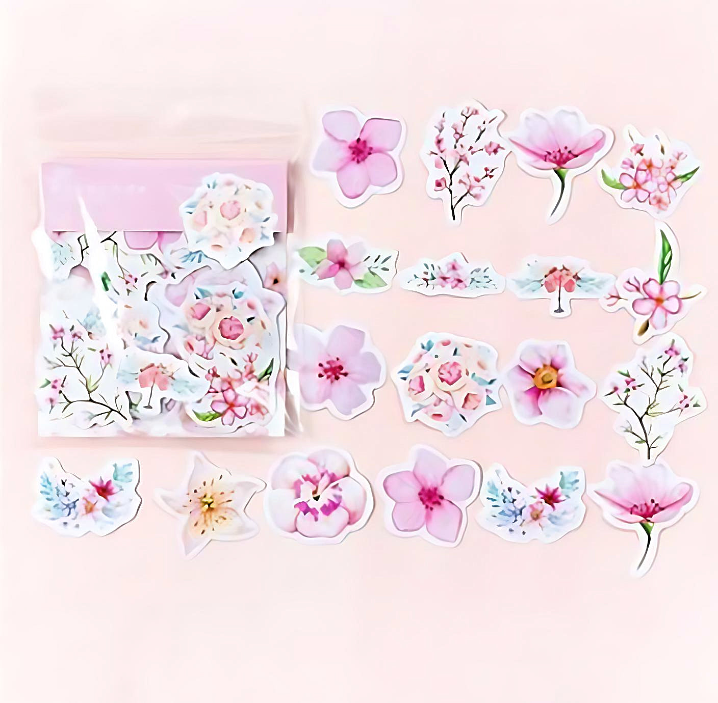 a set of bright flower stickers in pink color