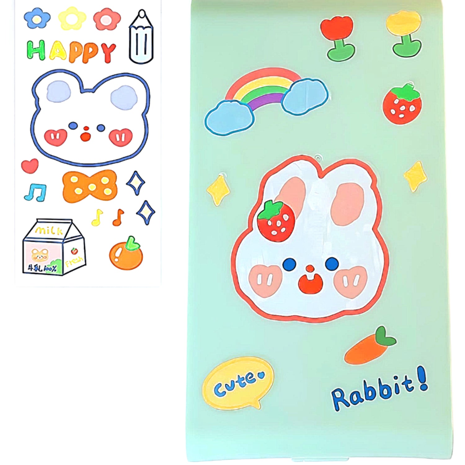 a green Kawaii storage blue with cute stickers