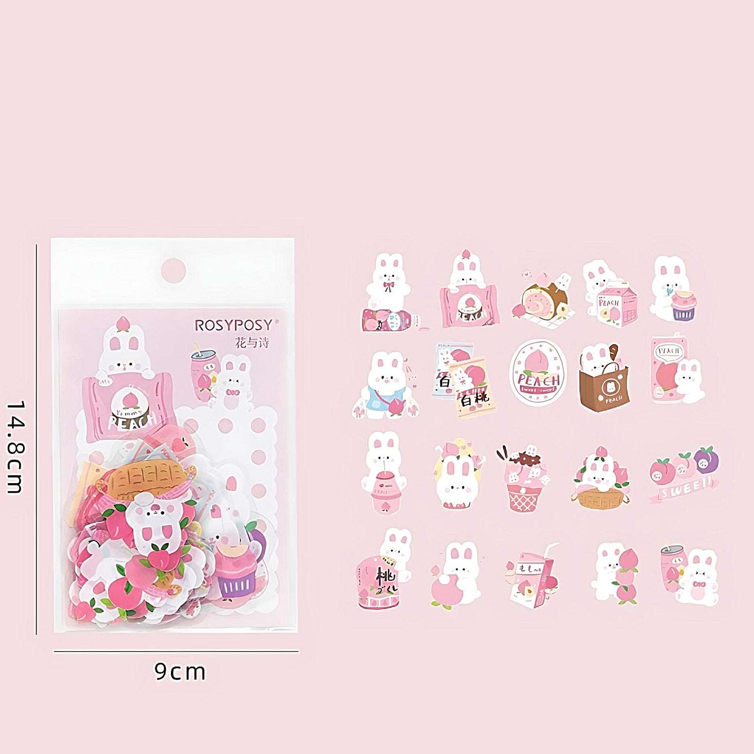 a set of Rosy Posy stickers with 20 different styles of bunny