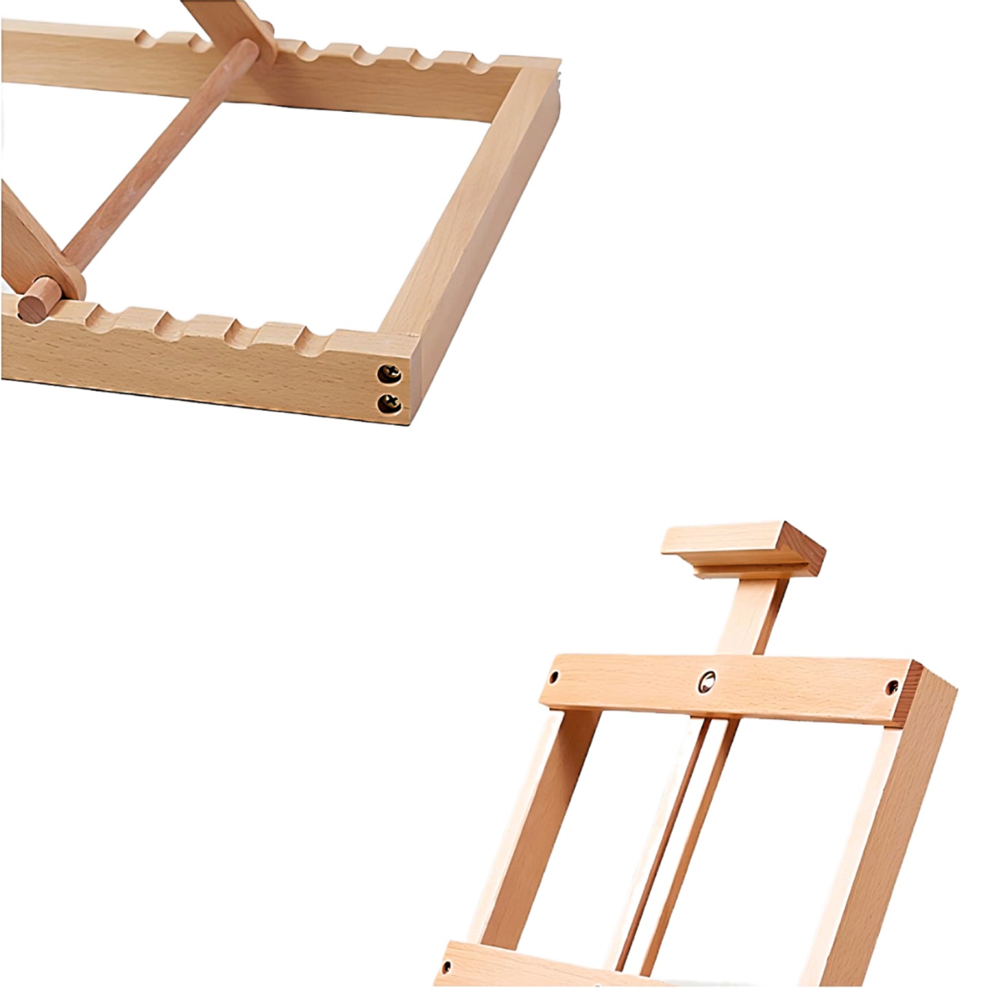a wooden tabletop easel on a white background